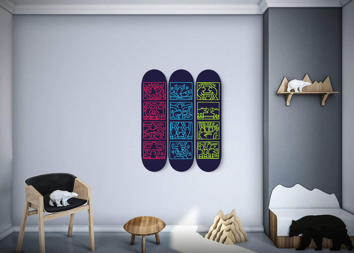 Keith Haring - 1989 Retrospect 3 Neo Colours Design Art - 3 Piece Skateboard Wall Art