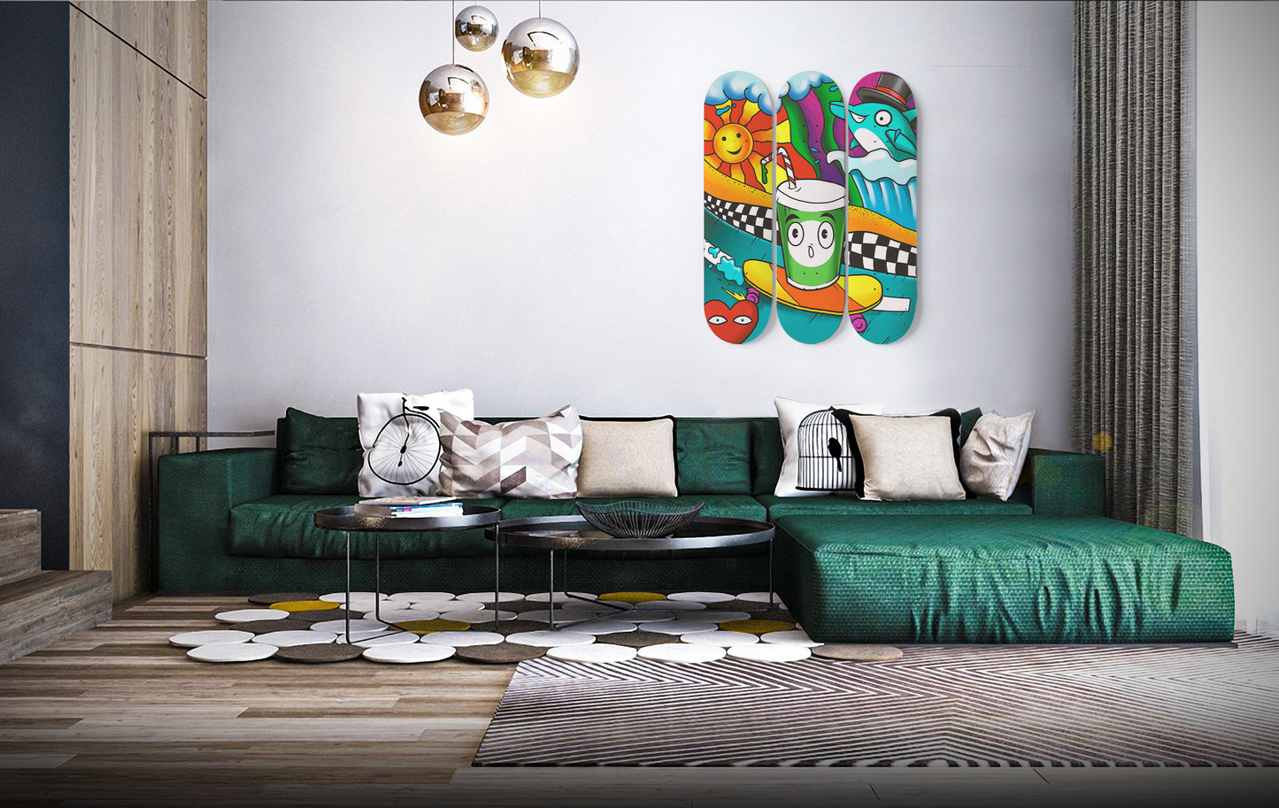 Large Chill Summer Doodles Print | 3 - Piece Skateboard Wall Art, Graffiti Style Wall Hanging Decor | Custom Printed Wall Art