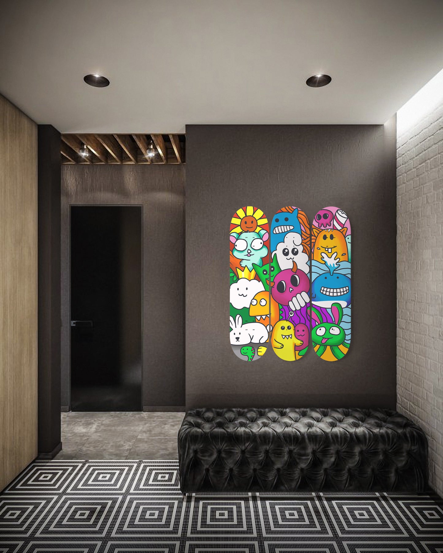 Mixed Doodle Monsters Skate Deck Art | 3 - Piece Skateboard Wall Art, Pro - Grade Maple Wood Wall Mount Hanging