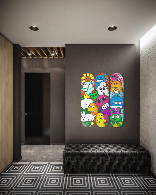 Mixed Doodle Monsters Skate Deck Art | 3 - Piece Skateboard Wall Art, Pro - Grade Maple Wood Wall Mount Hanging