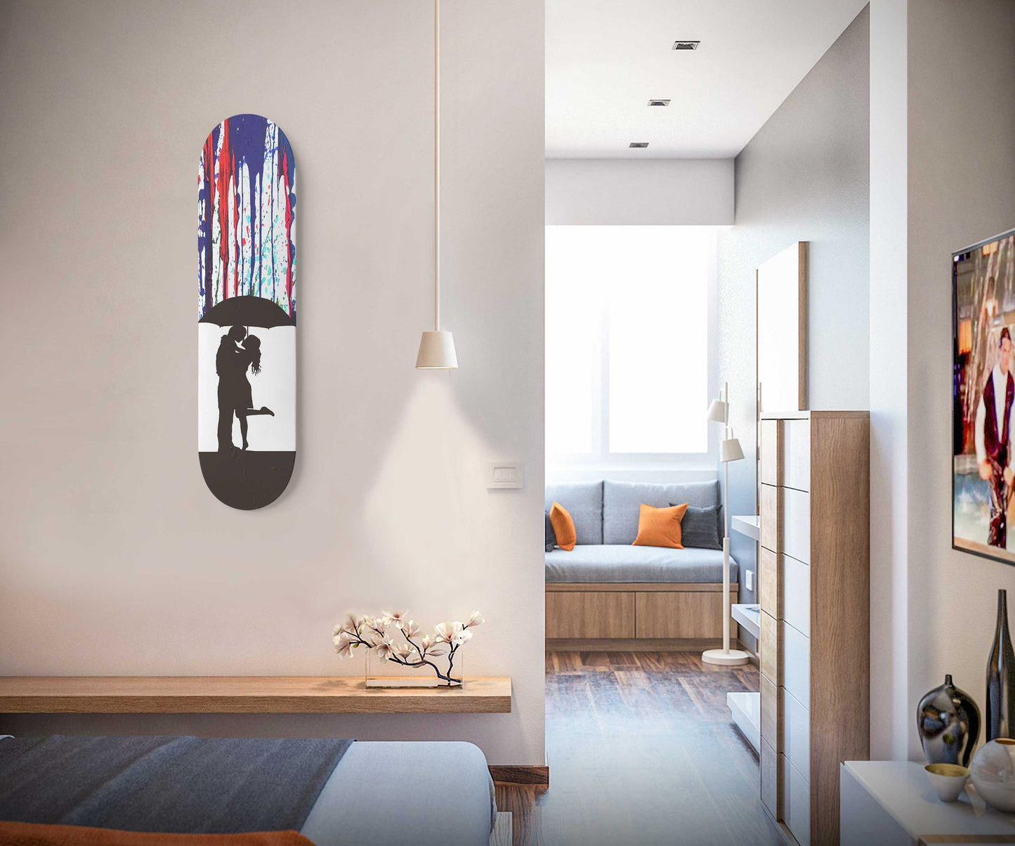 Banksy Style Couple With Umbrella In Colourful Rain | 1 - Piece Skateboard Wall Art, Street Art Game Room Decor - Living Room Decor