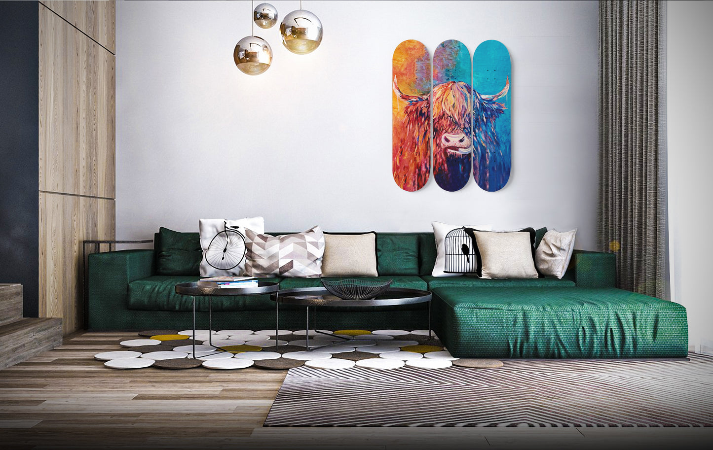 Highland Scottish Cow Wall Art Print |  3 - Piece Skateboard Wall Art, Highland Cow Print, Home/Office Wall Art Decor