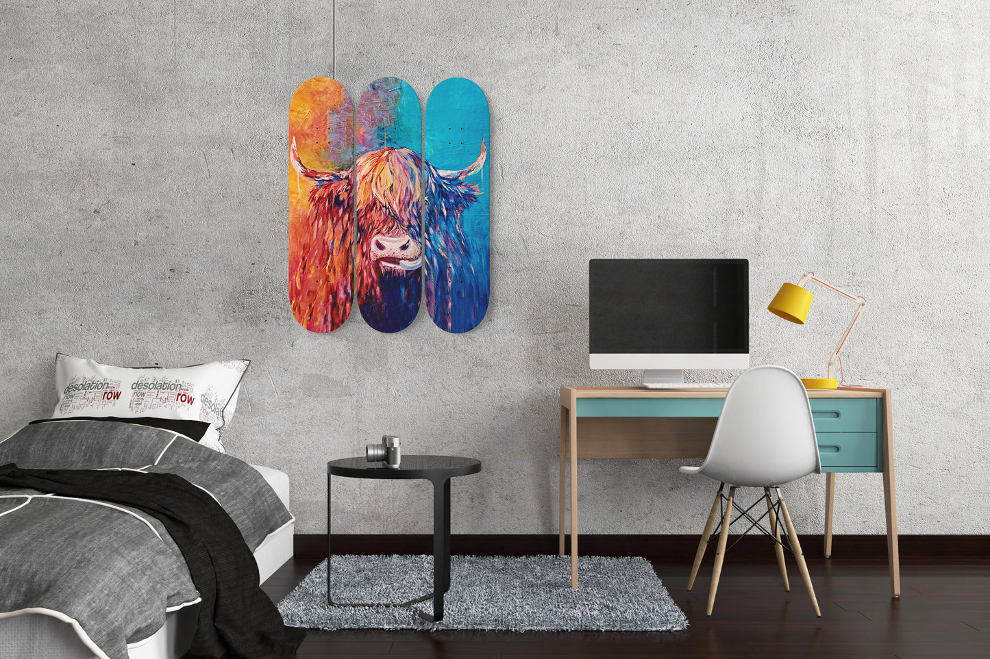 Highland Scottish Cow Wall Art Print |  3 - Piece Skateboard Wall Art, Highland Cow Print, Home/Office Wall Art Decor