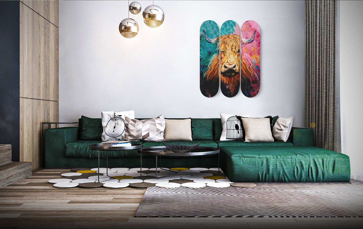 Highland Cow Wall Art Colourful Print | 3 - Piece Skateboard Wall Art, Scottish Cow Skate Deck Art - Maple Wood Skateboards