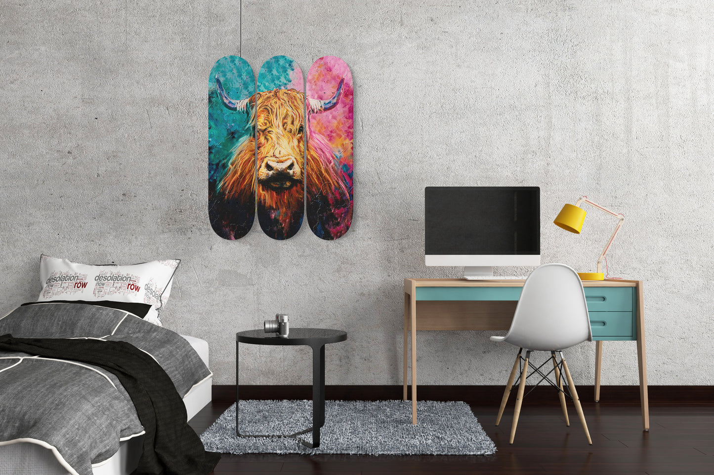 Highland Cow Wall Art Colourful Print | 3 - Piece Skateboard Wall Art, Scottish Cow Skate Deck Art - Maple Wood Skateboards
