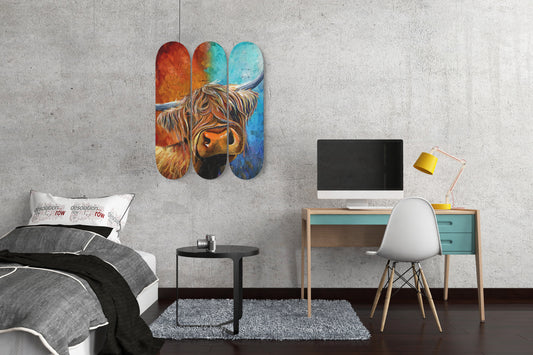 A Bad Hair Day Highland Cow Print | 3 - Piece Skateboard Wall Art, Highland Cow Pop Art Print, Living Room Wall Decor, New Home Gift