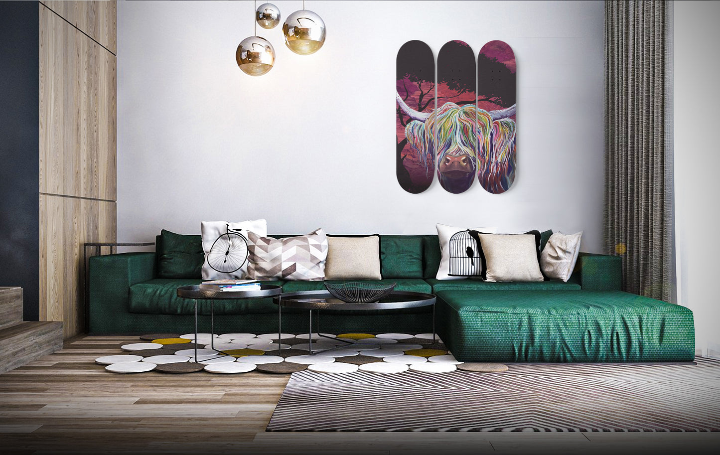 Funky Abstract Colourful Highland Cow | 3 - Piece Skateboard Wall Art, Highland Cow Print, Custom Printed Wall Art