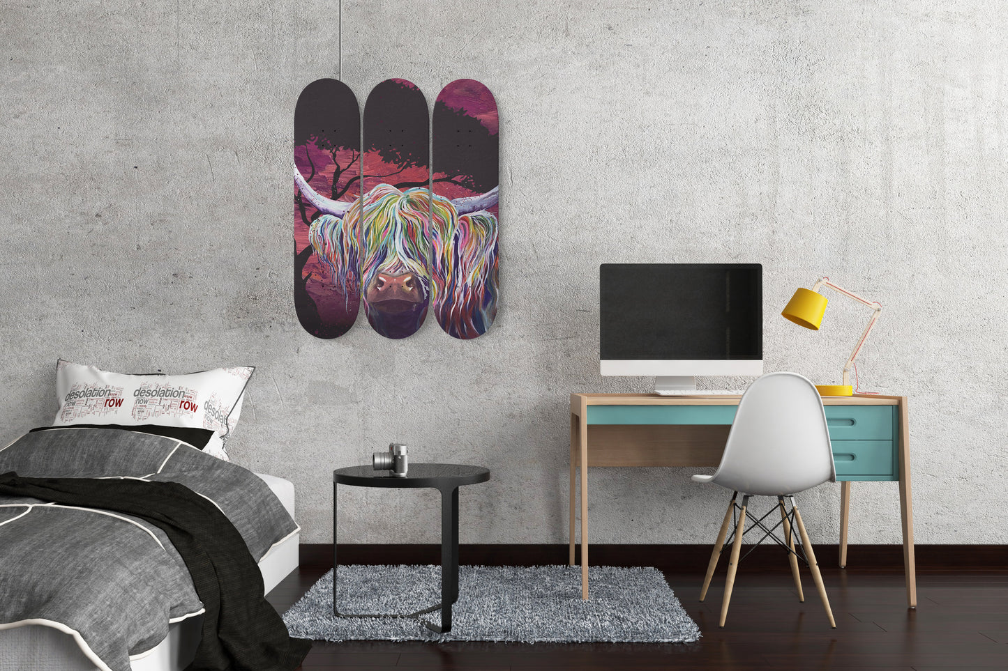 Funky Abstract Colourful Highland Cow | 3 - Piece Skateboard Wall Art, Highland Cow Print, Custom Printed Wall Art