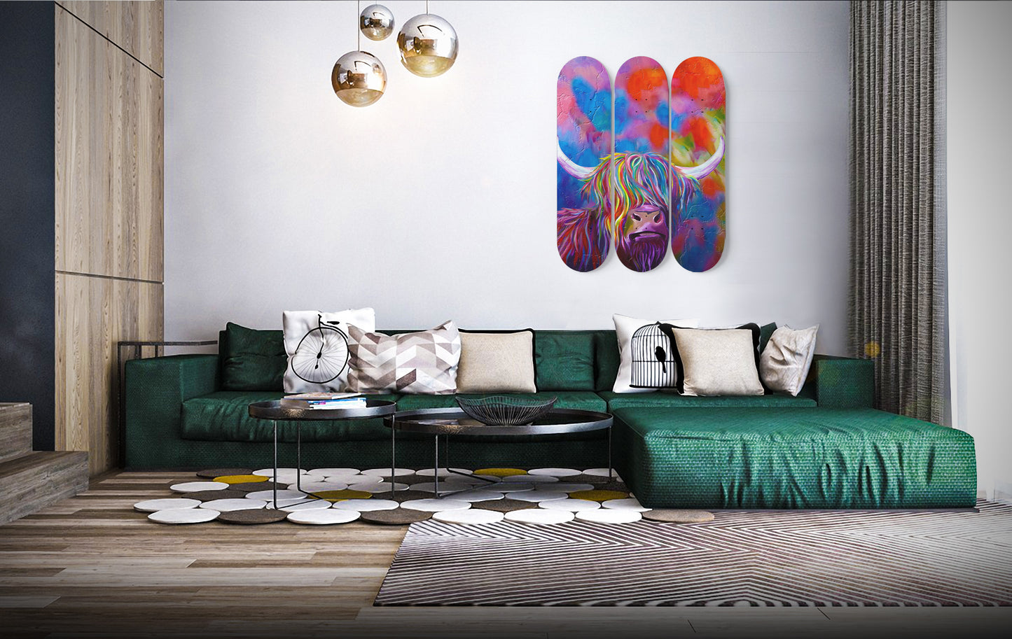 Gorgeous Colourful Highland Cow Face Wall Art | 3 - Piece Skateboard Wall Art, Highland Cow Print, Retro Wall Hanging Art