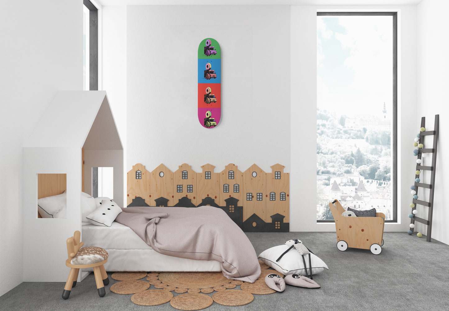 Colorful Banksy-Donut | 1 - Deck Skateboard Wall Art, Donut Grafitti Nursery Room Decor, Donut Truck