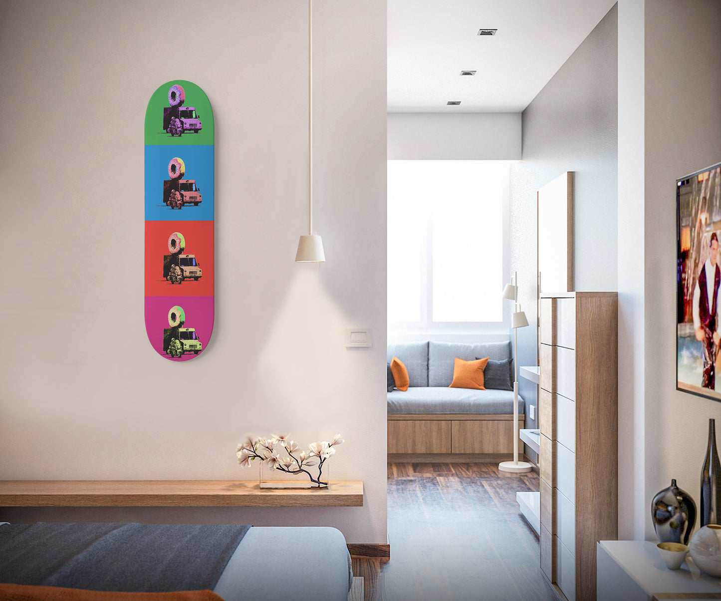 Colorful Banksy-Donut | 1 - Deck Skateboard Wall Art, Donut Grafitti Nursery Room Decor, Donut Truck