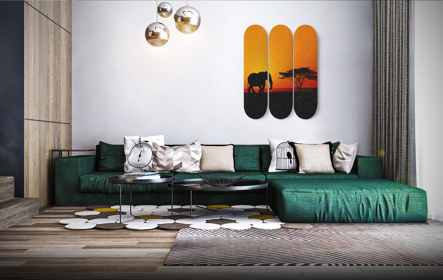 African Elephant Sunset Wall Art | 3 - Piece Skate Deck Art, Elephant Art Print, Pro - Grade Maple Wood Wall Mount Hanging