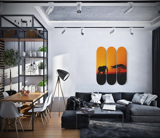 African Elephant Sunset Wall Art | 3 - Piece Skate Deck Art, Elephant Art Print, Pro - Grade Maple Wood Wall Mount Hanging