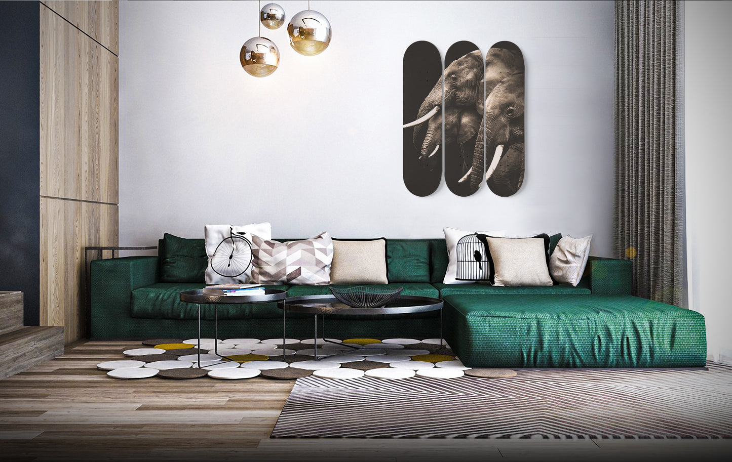 Elephant Family Wall Art Print | 3 - Piece Skate Deck Art, Elephant Pop Art Wall Art, Living Room Wall Hanging Decor