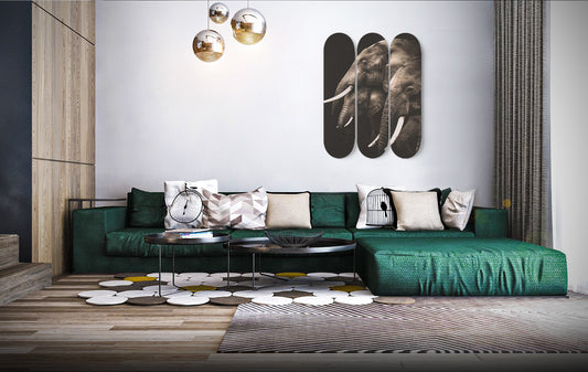 Elephant Family Wall Art Print | 3 - Piece Skate Deck Art, Elephant Pop Art Wall Art, Living Room Wall Hanging Decor