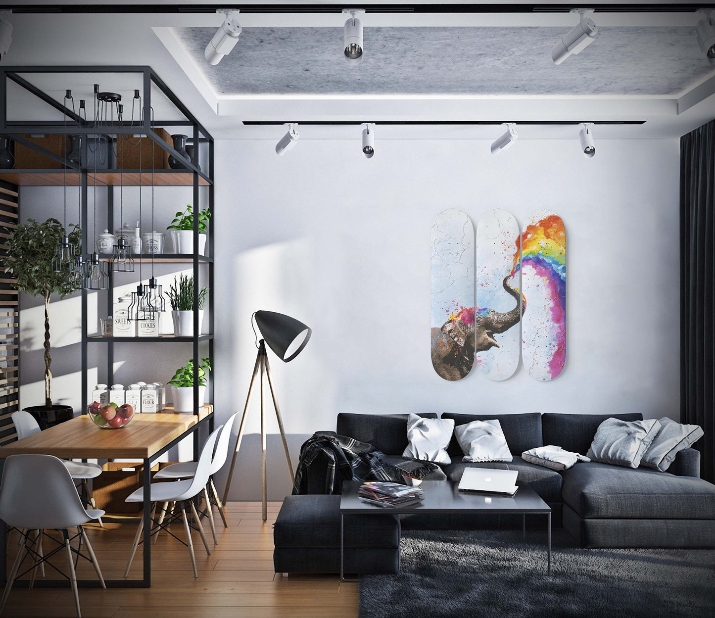 Elephant Watercolor Rainbow Wall Print | 3 - Piece Skateboard Wall Art, Elephant Color Rainbow Skate Deck Art - Maple Wood Skateboards