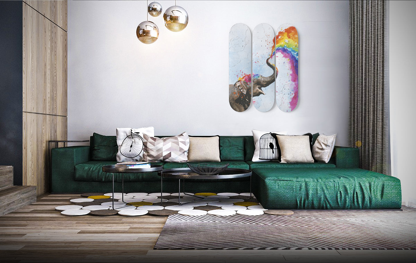 Elephant Watercolor Rainbow Wall Print | 3 - Piece Skateboard Wall Art, Elephant Color Rainbow Skate Deck Art - Maple Wood Skateboards