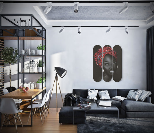 African Woman With Turban Wall Art  | 3 - Piece Skate Deck Art, Ethnic Woman Pop Art, African Woman Prints, Housewarming Gift