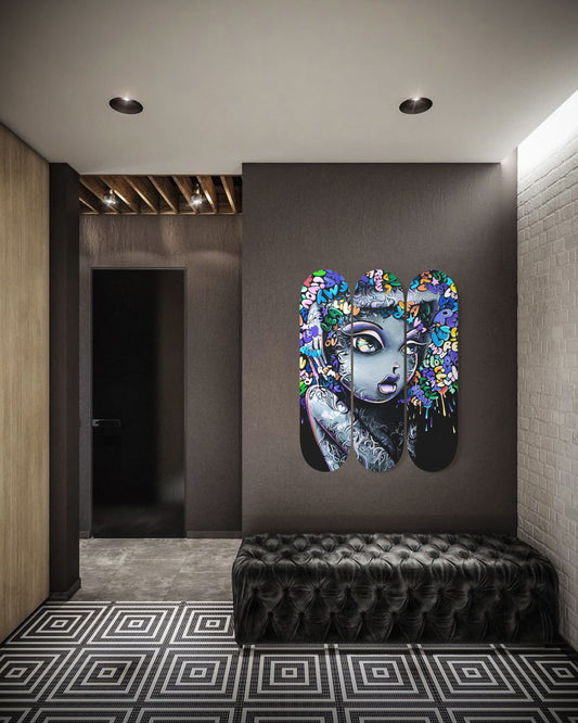 Beautiful Girl Graffiti Skateboard Wall Art Pop Art For Living Room Decor Pro-Grade Maple Wood Wall Hanging