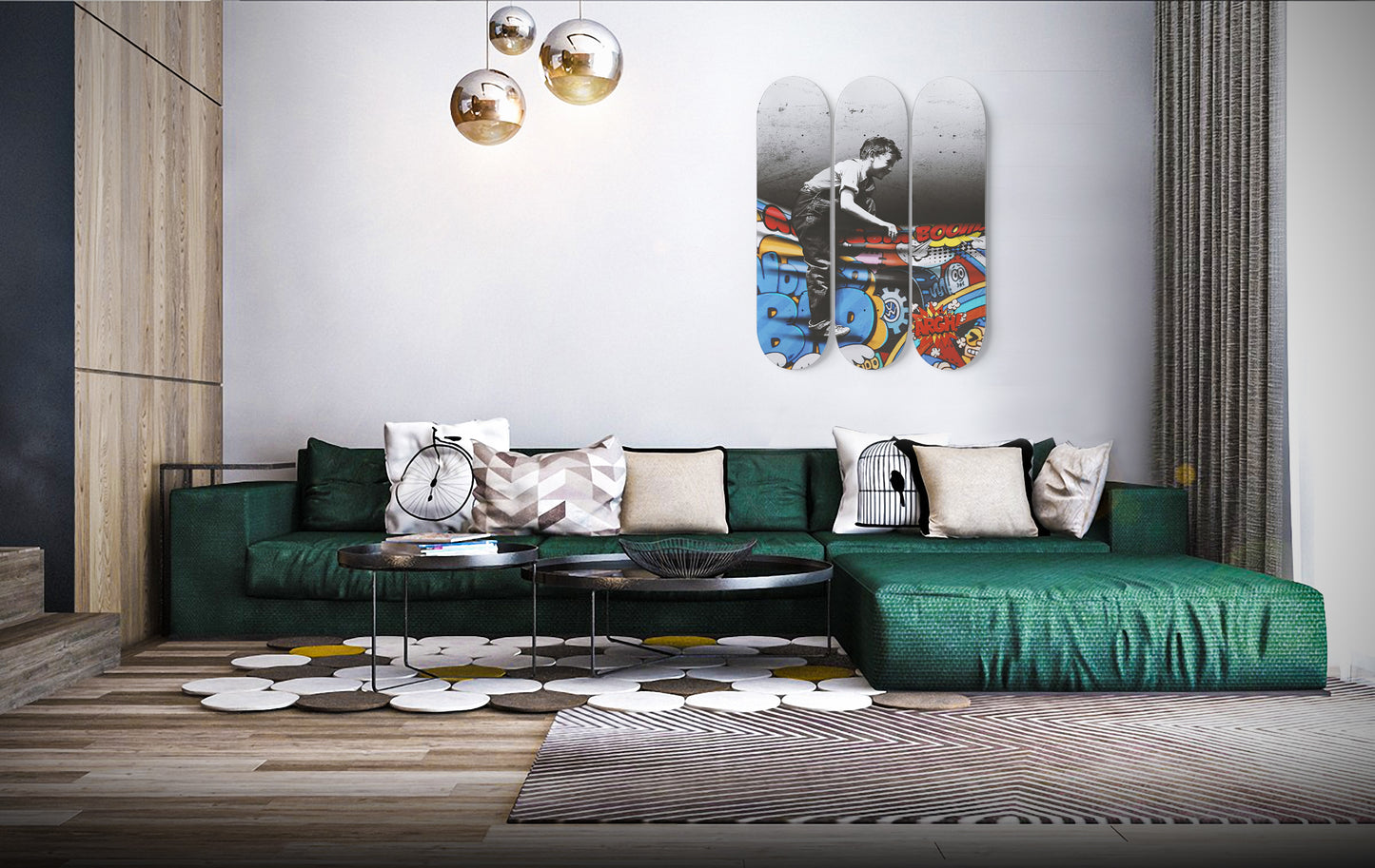 Banksy Print, Kid Over Graffiti Curtain | 3 - Set Skateboard Wall Art, Pro - Grade Maple Wood Wall Mount Hanging, Home Decor