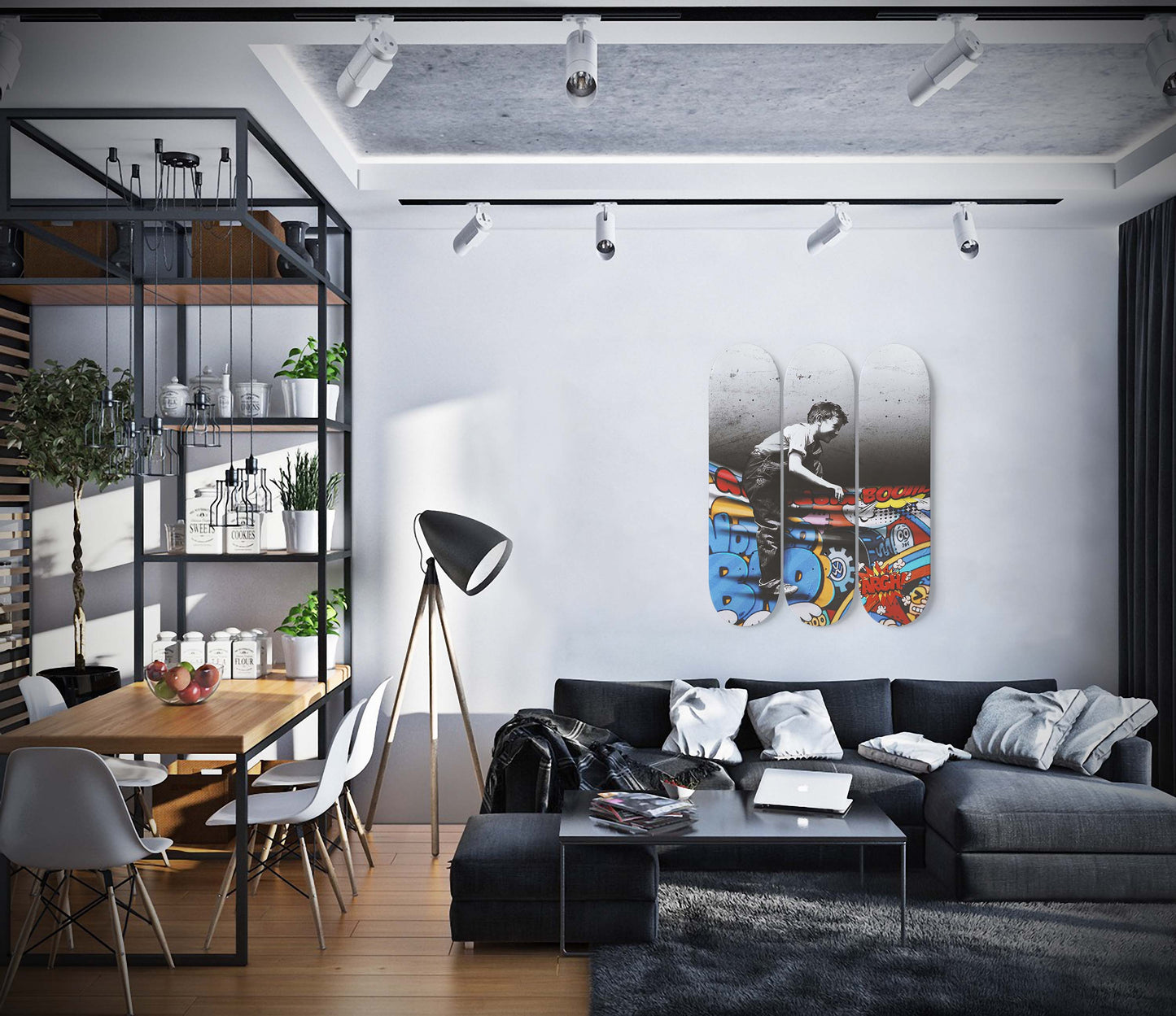 Banksy Print, Kid Over Graffiti Curtain | 3 - Set Skateboard Wall Art, Pro - Grade Maple Wood Wall Mount Hanging, Home Decor