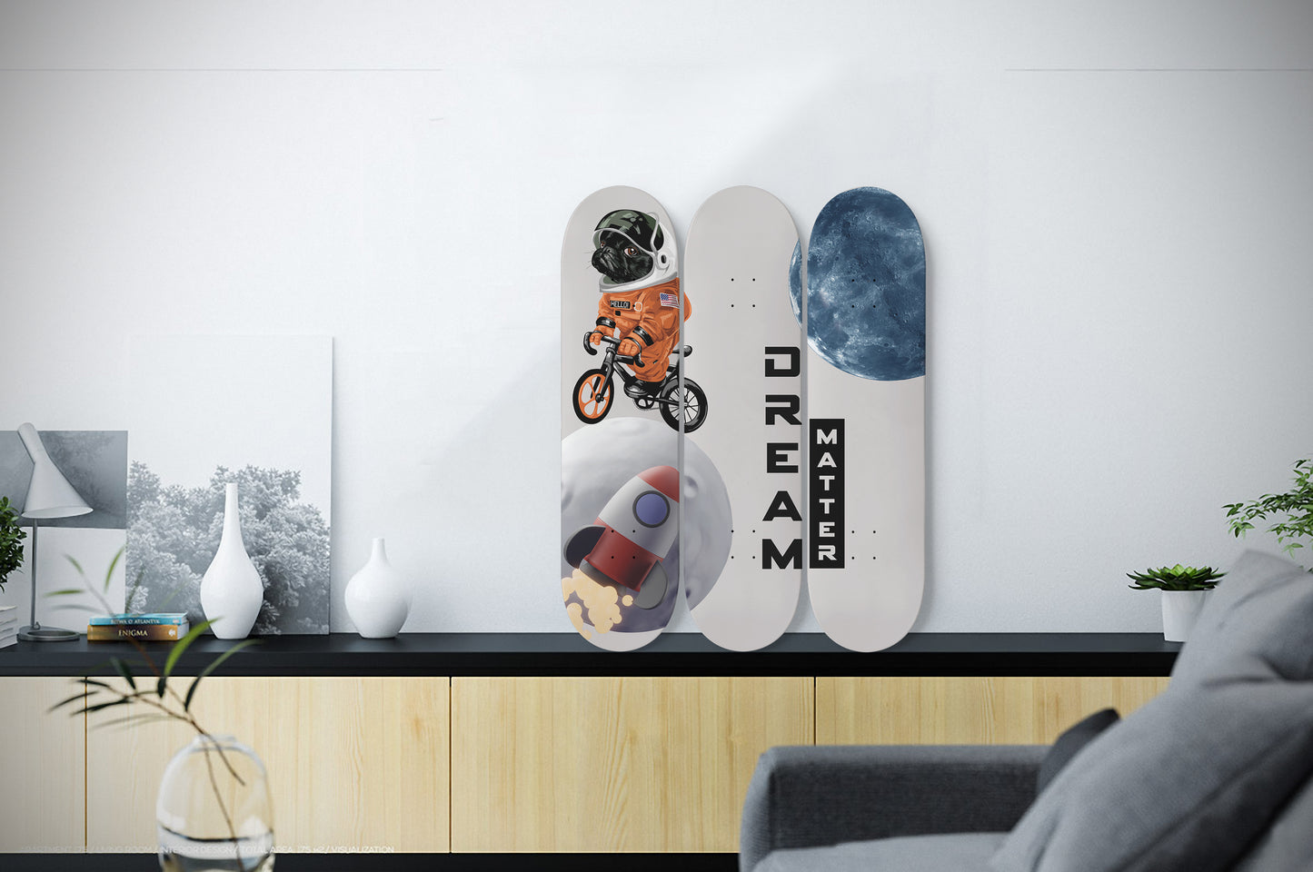 Moon Rider inspired - Black Dog in Astronaut Uniform Riding Bicycle - 3-piece Skateboard Wall Art