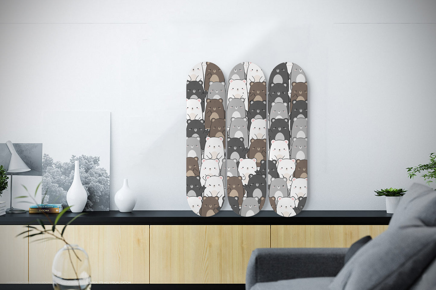Cute Teddy Bear & Polar Bear - 3-piece Skateboard Wall Art