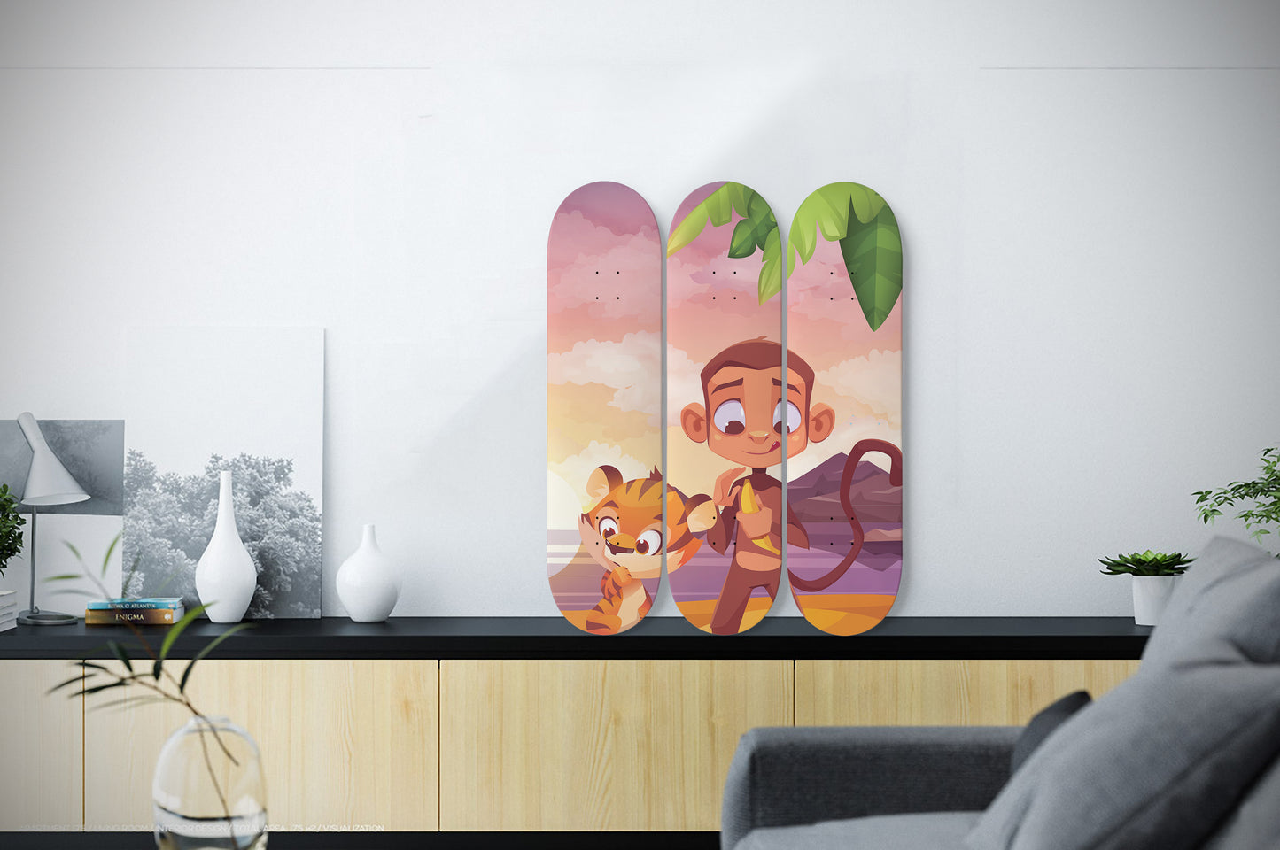 Islanders Cartoon inspired - 'Monkey & Tiger' - 3 piece - Skateboard Wall Art