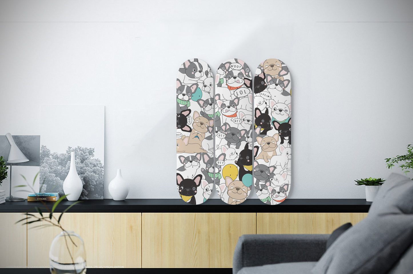 Cute French Bulldog - 3 piece - Skateboard Wall Art