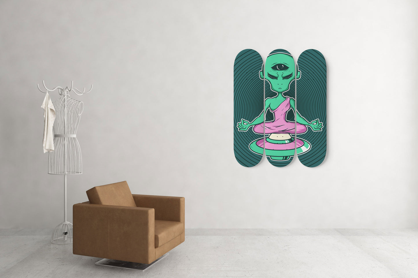 Alien Meditation 3 Deck Skateboard Wall Art: Mesmerizing Cosmic Design