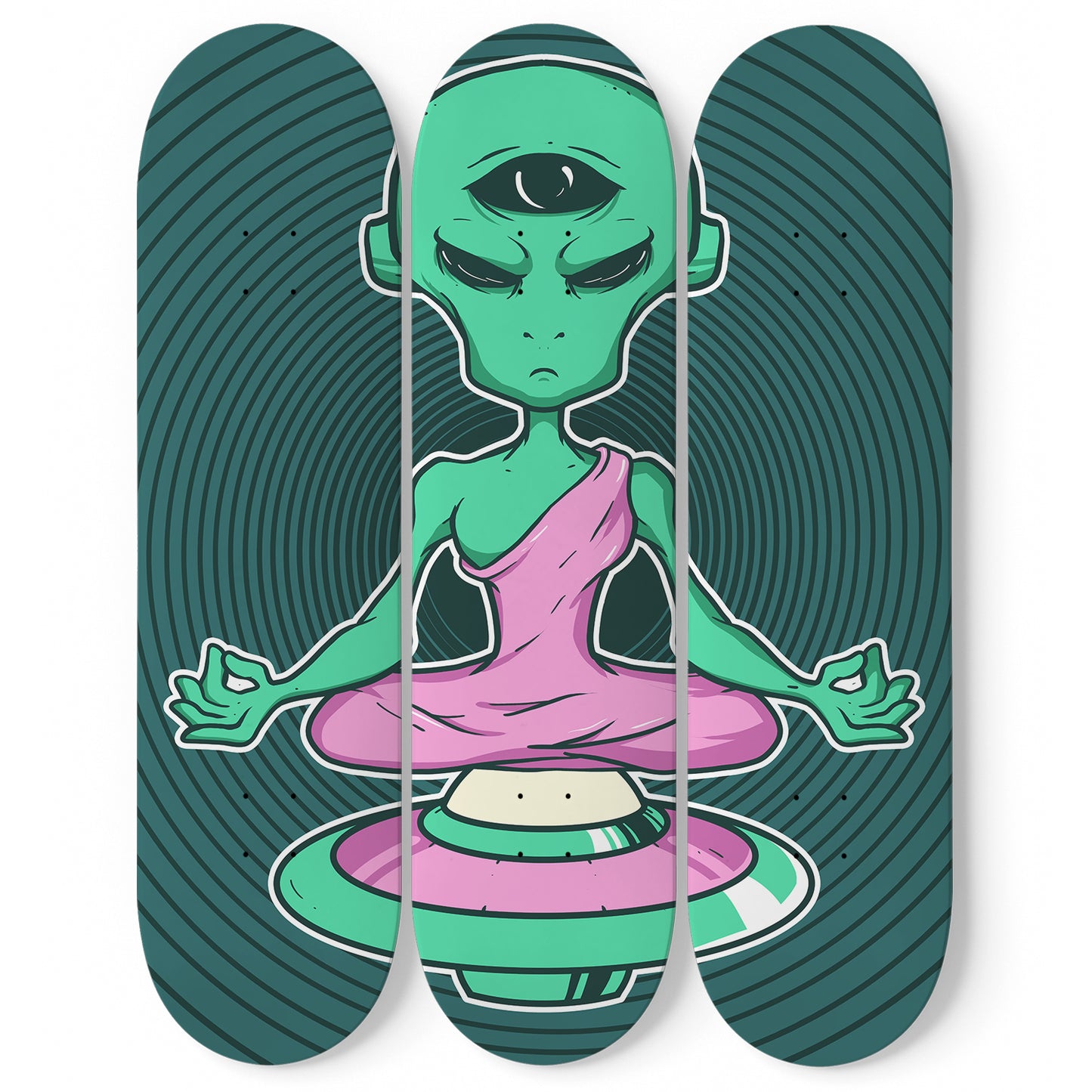 Alien Meditation 3 Deck Skateboard Wall Art: Mesmerizing Cosmic Design