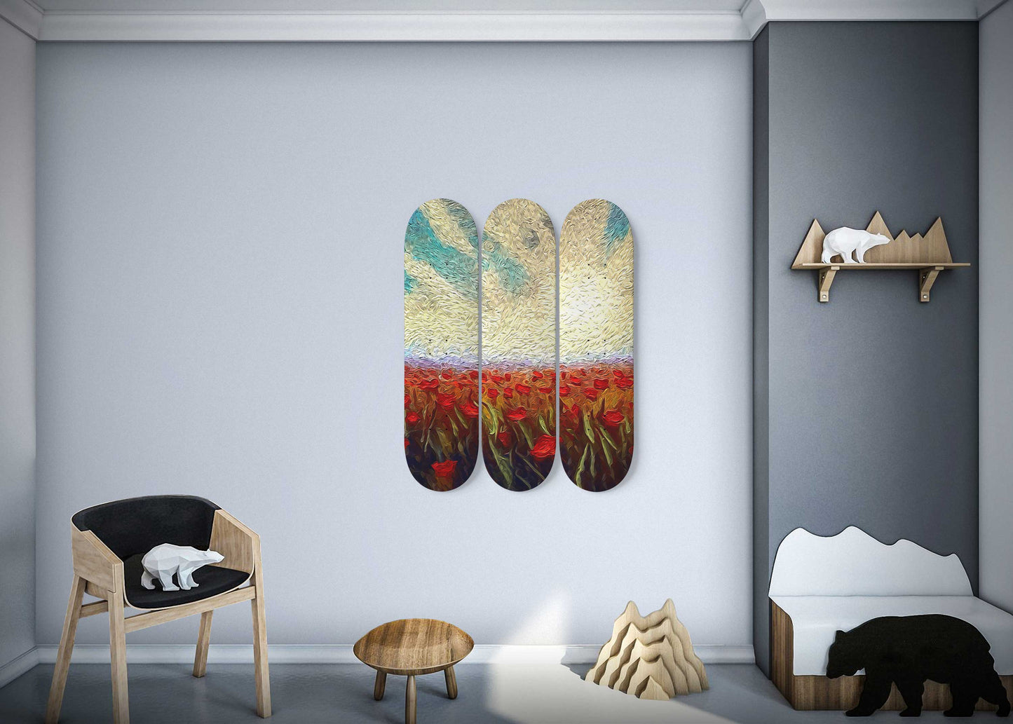 Van Gogh Field of Flowers 3-Deck Skateboard Wall Art: Floral Masterpiece