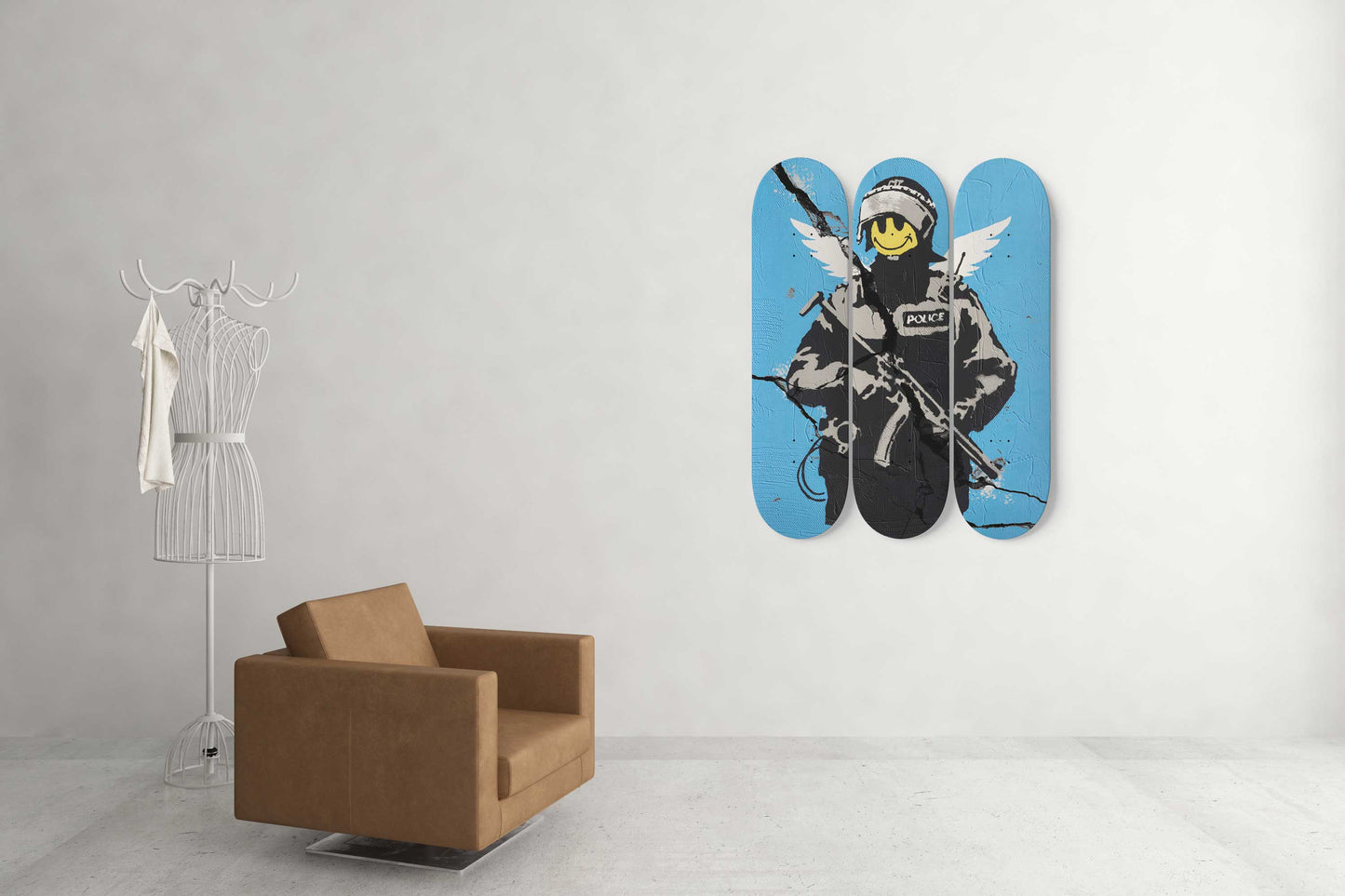 Banksy Flying Copper 3-Deck Skateboard Wall Art: Urban Artistry in Flight