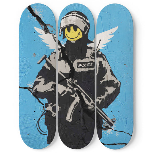 Banksy Flying Copper 3-Deck Skateboard Wall Art: Urban Artistry in Flight