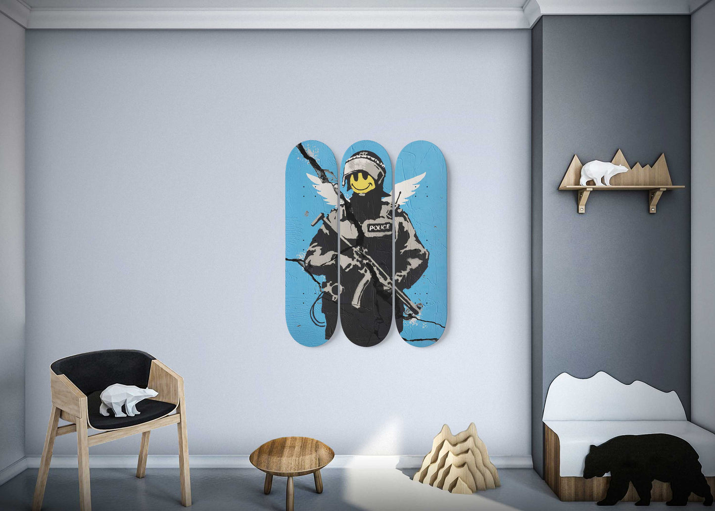 Banksy Flying Copper 3-Deck Skateboard Wall Art: Urban Artistry in Flight