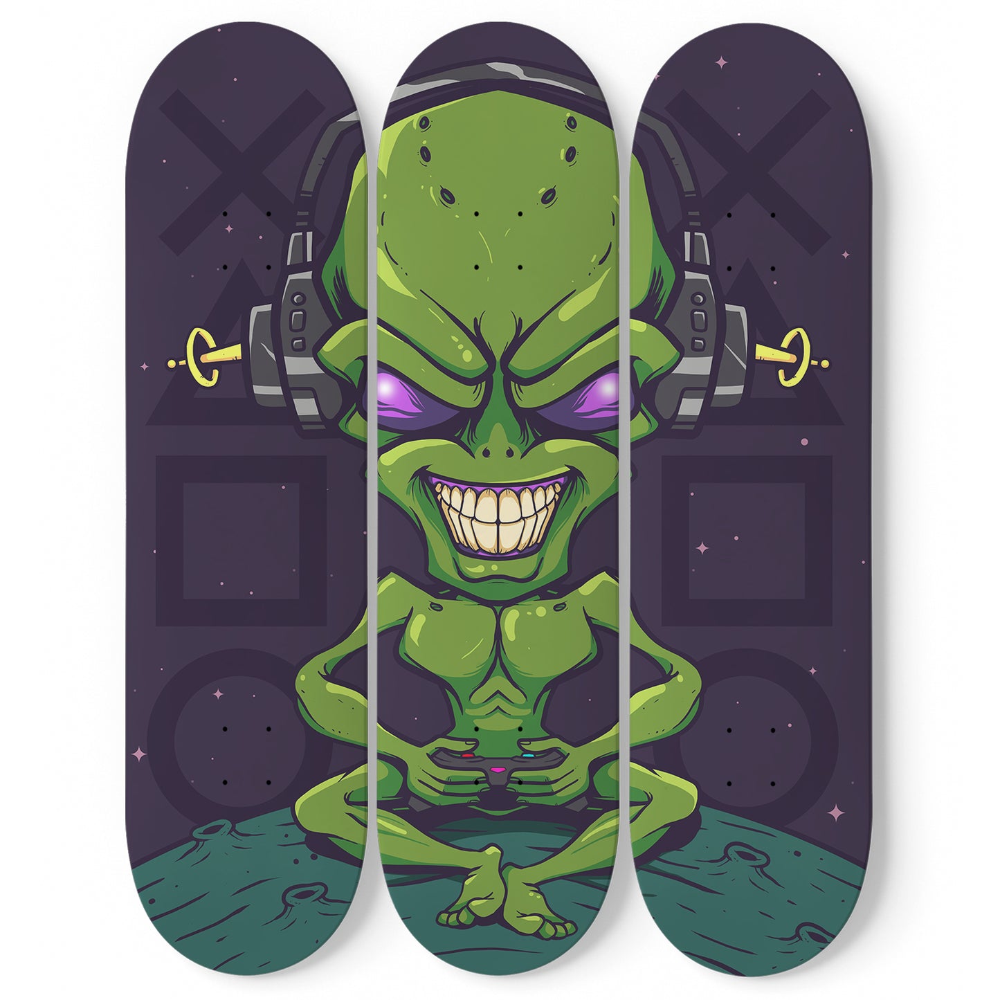 Galaxy Gaming 3 Deck Skateboard Wall Art: Level Up Your Space