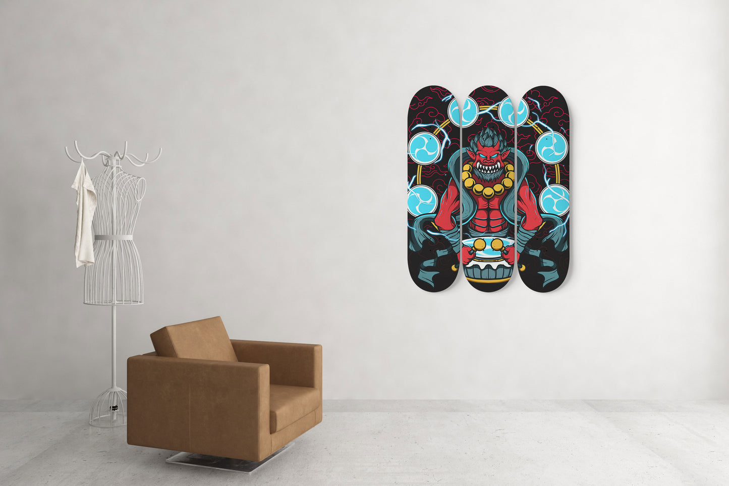 God of Thunder Raijin 3 Deck Skateboard Wall Art :Unleash the Storm