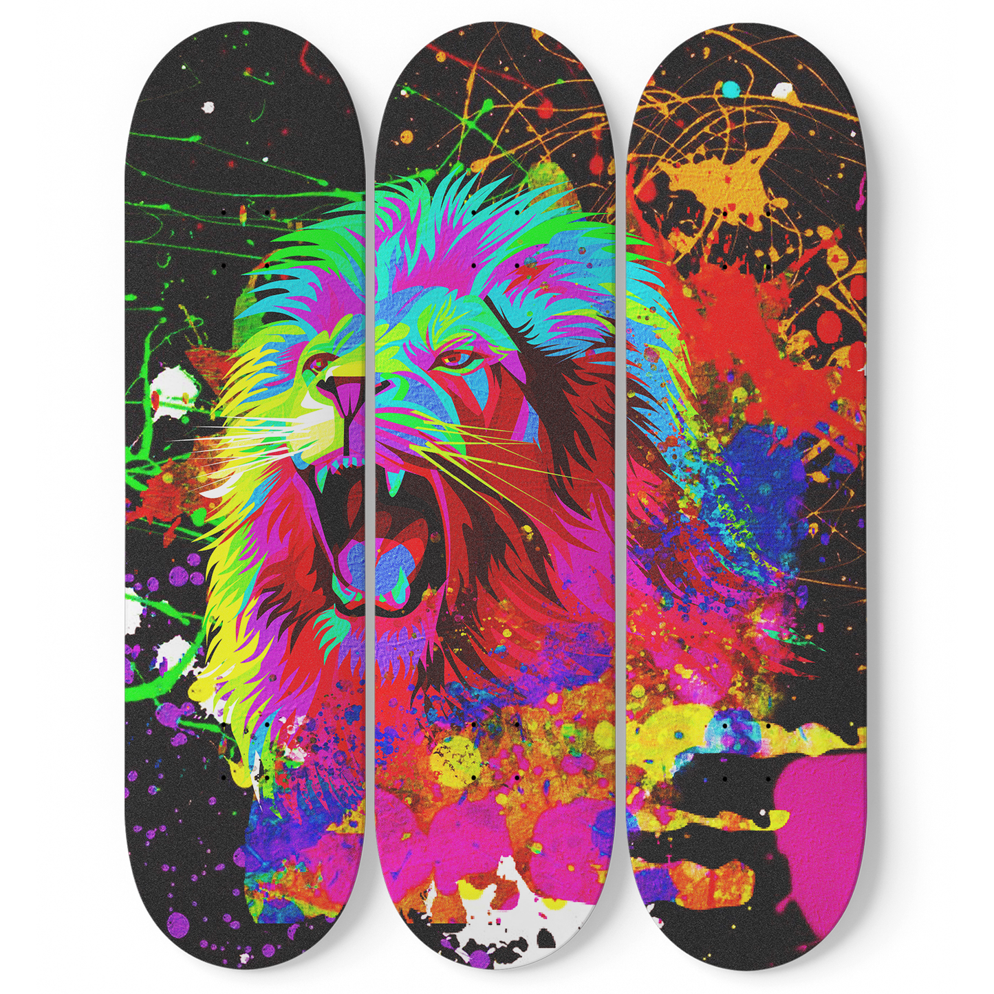 Lion Pride #3.0 3-Deck Skateboard Wall Art: Vibrant, Colorful Design