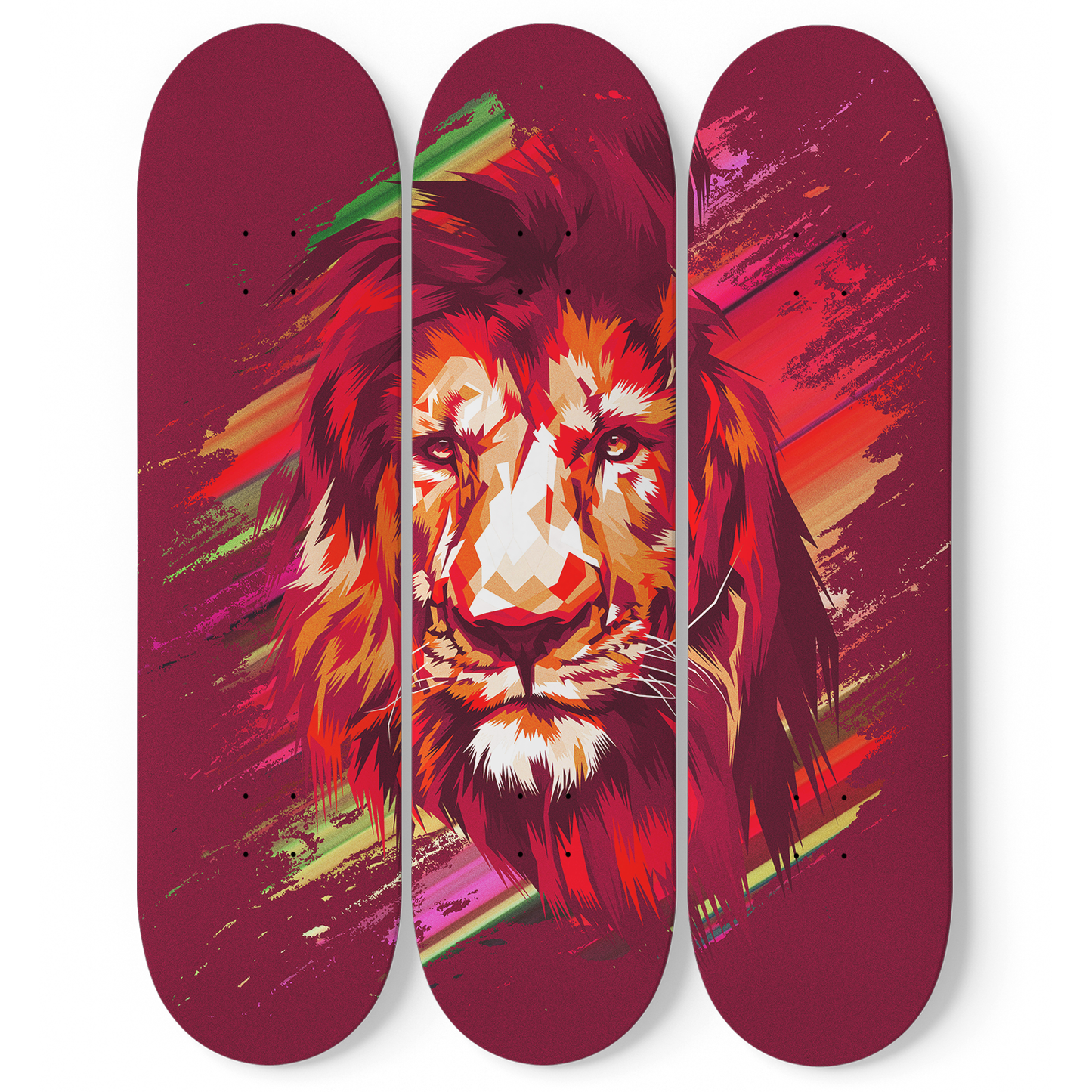 Lion Pride #2.0 3-Deck Skateboard Wall Art: Vibrant, Colorful Design
