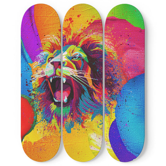 Lion Pride #4.0 3-Deck Skateboard Wall Art: Vibrant, Colorful Design