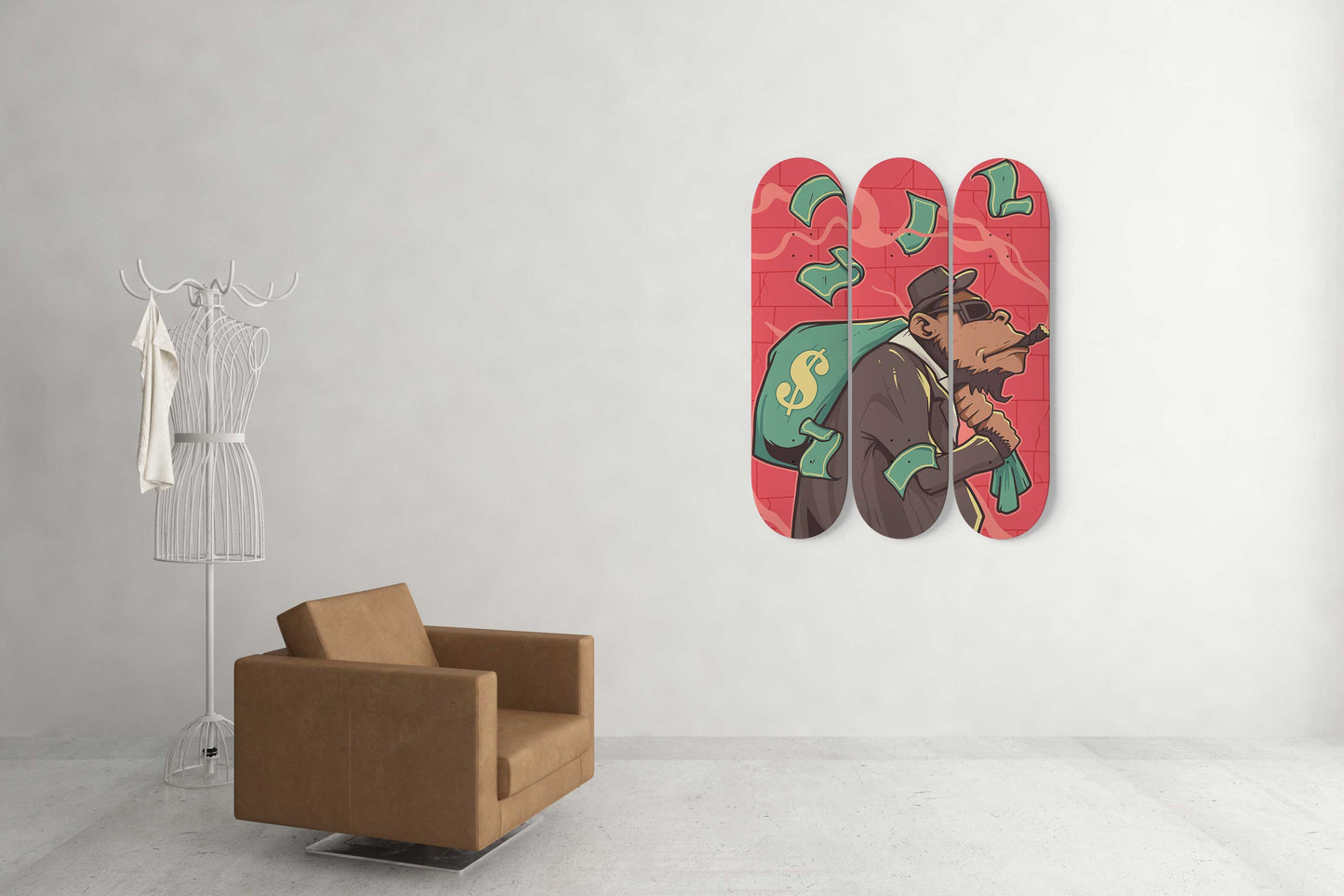 Money Hustle 3-Deck Skateboard Wall Art: Wealth on Wheels