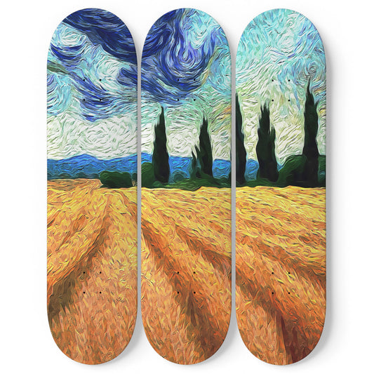 Van Gogh Wheat Field with Cypresses 3-Deck Skateboard Wall Art: A Masterpiece with Nature-Inspired Design
