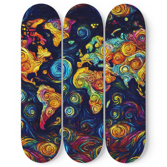 Van Gogh World Map 3-Deck Skateboard Wall Art: Travel with Art