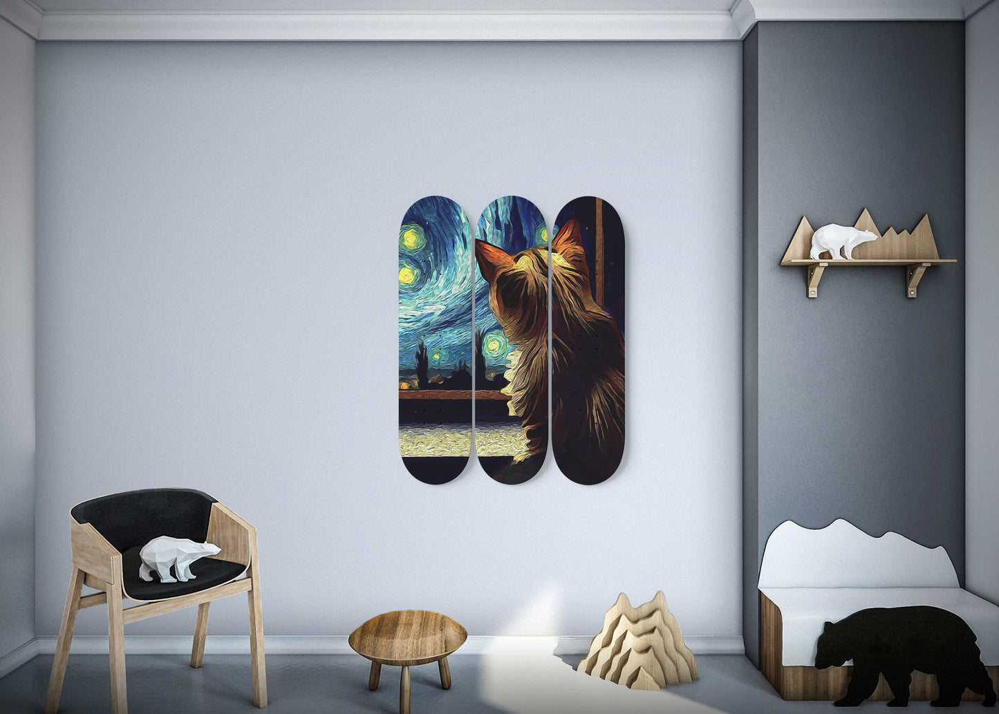 Van Gogh Cat Under Starry Night 3-Deck Skateboard Wall Art: Purr-fectly Artistic