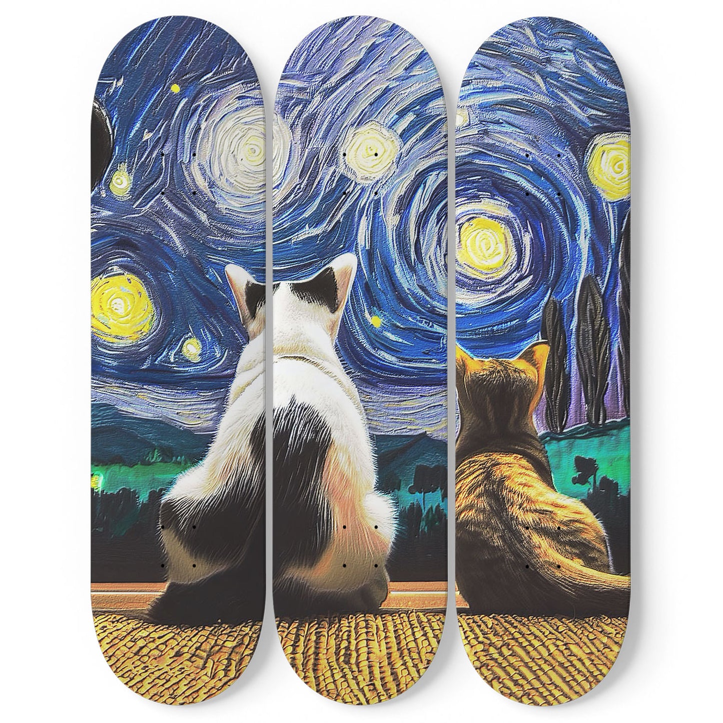 Van Gogh Cat View 3-Deck Skateboard Wall Art: Whiskered Masterpiece