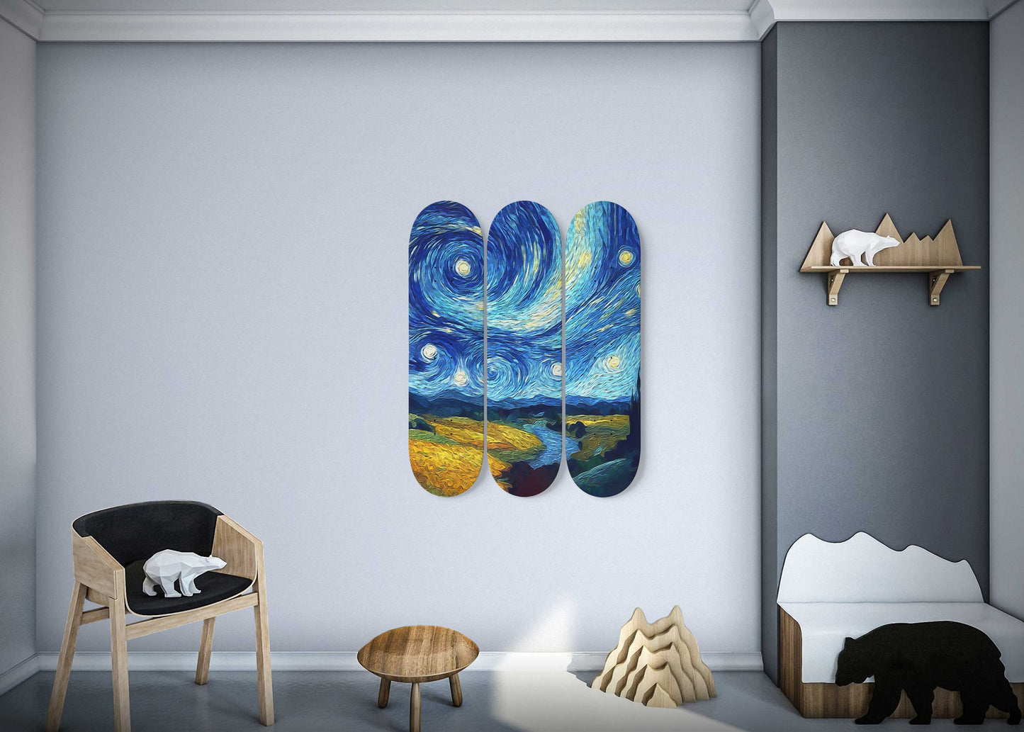 Van Gogh Starry Night Over River 3-Deck Skateboard Wall Art: Celestial Symphony in Motion