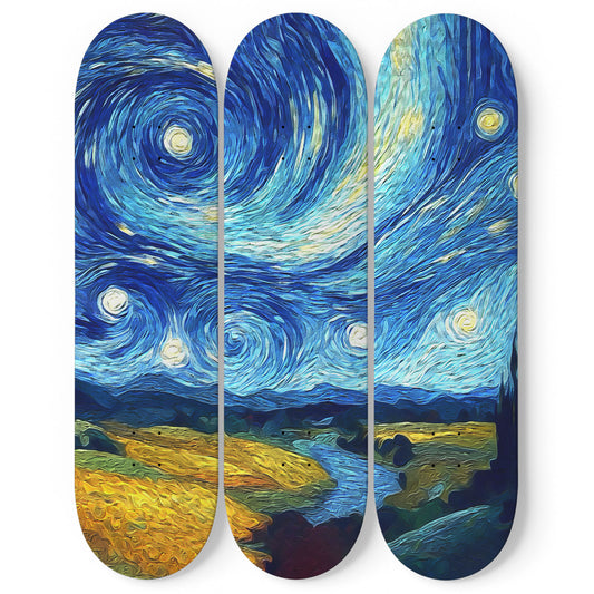 Van Gogh Starry Night Over River 3-Deck Skateboard Wall Art: Celestial Symphony in Motion