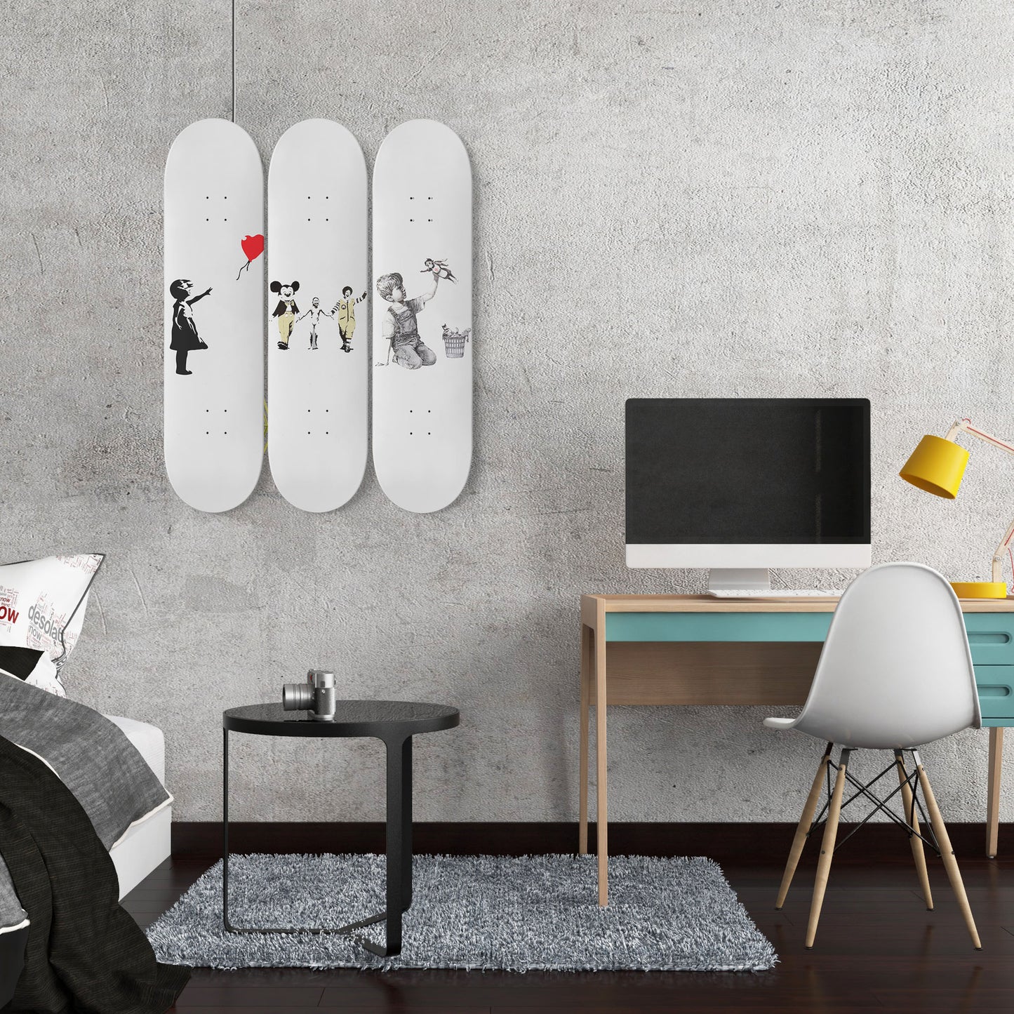 Banksy - Mixed Art | White Background- 3-piece Skateboard Wall Art