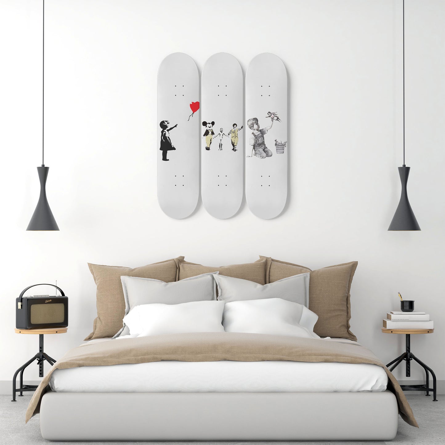 Banksy - Mixed Art | White Background- 3-piece Skateboard Wall Art