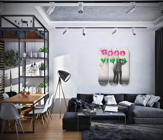 Banksy Good Vibes Graffiti Street Art | 3 -  Set Skateboard Wall Art, Banksy Print, Living Room Wall Decor